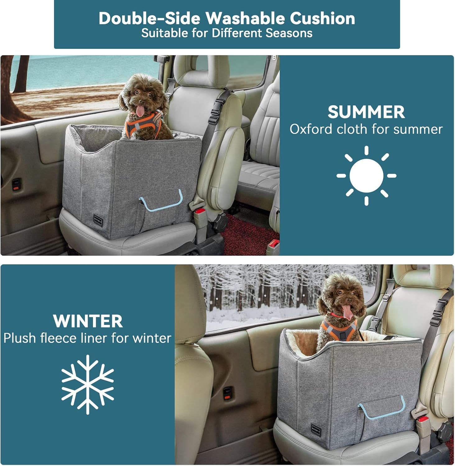 Small Dog Car Booster Seat with Safety Belt – Washable, Double-Sided Cushion for Secure & Comfortable Travel, Light Grey