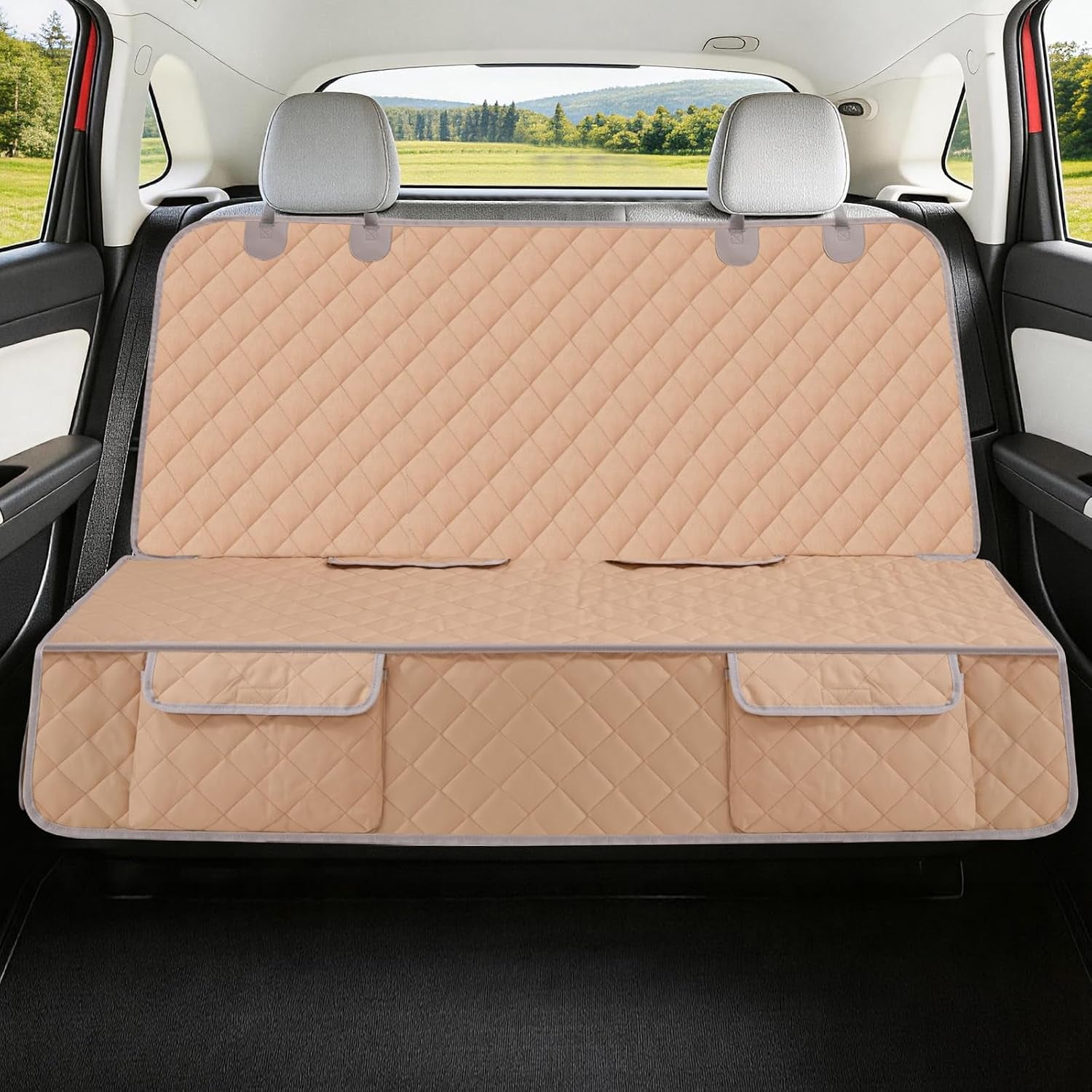 Waterproof Dog Car Seat Cover – Nonslip Back Seat Protector, Universal Fit for All Vehicles, Beige