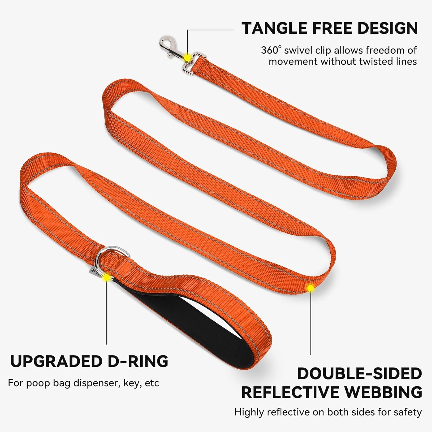Reflective Dog Leash for Medium & Large Dogs, 5 FT X 1", Orange | Heavy Duty Nylon Webbing, Padded Handle for Comfort, Visible at Night, for Walking & Training