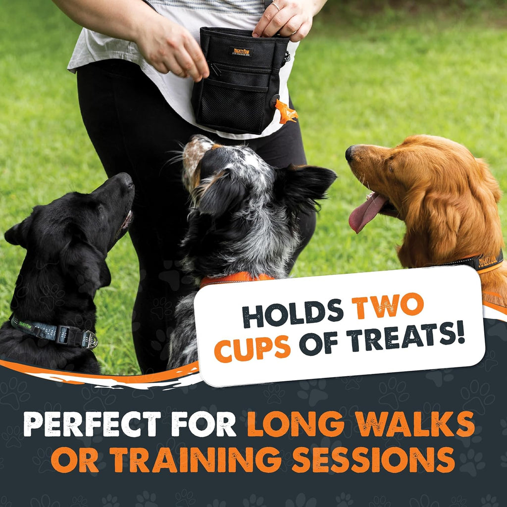 Dog Training Treat Pouch, No-Spill Magnetic Clasp, Black | Adjustable Belt Sling, Waist Pack or Fanny Pack, Hands-Free Wear, Poop Bag Holder, 4 Pockets, Made in USA