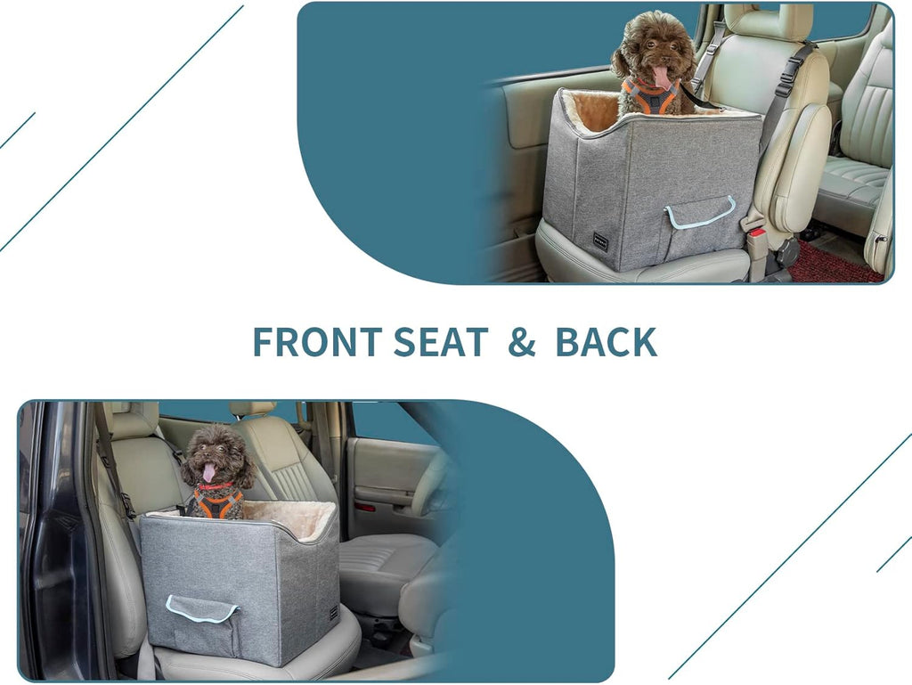 Small Dog Car Booster Seat with Safety Belt – Washable, Double-Sided Cushion for Secure & Comfortable Travel, Light Grey