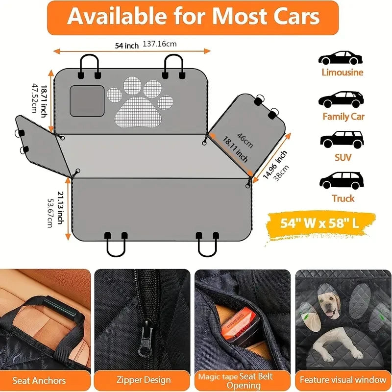 Universal Waterproof Dog Car Hammock – Rear Seat Cover with Mesh Window & Side Zipper for Cars, Trucks & SUVs