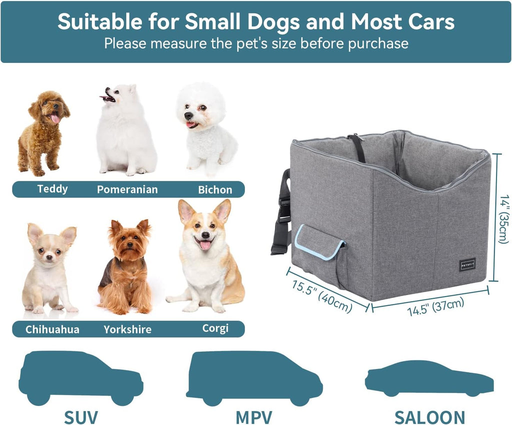 Small Dog Car Booster Seat with Safety Belt – Washable, Double-Sided Cushion for Secure & Comfortable Travel, Light Grey