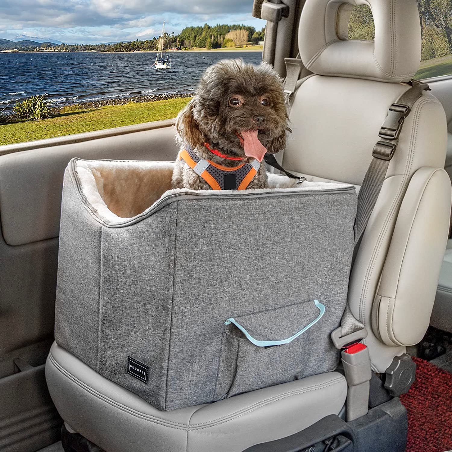 Small Dog Car Booster Seat with Safety Belt – Washable, Double-Sided Cushion for Secure & Comfortable Travel, Light Grey