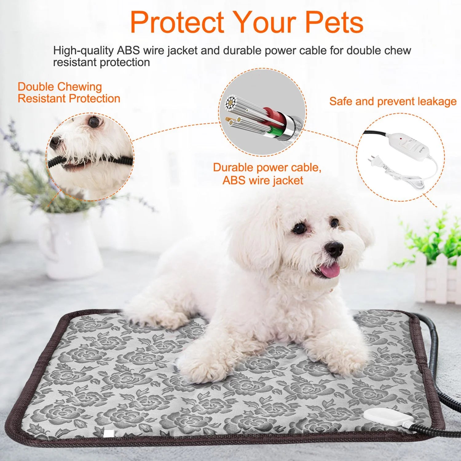 1Pc Pet Heating Pad Dog Cat Electric Heating Mat Waterproof Adjustable Warming Blanket with Chew Resistant Steel Cord Case