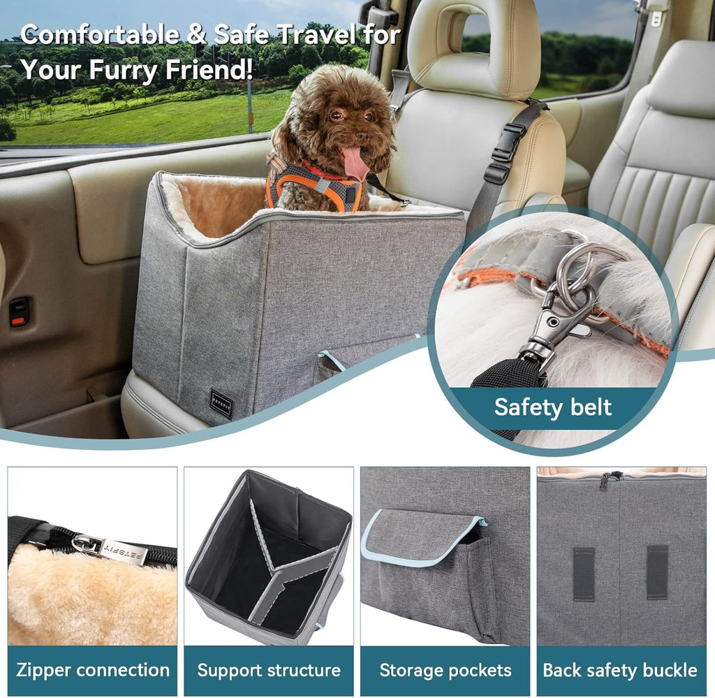 Small Dog Car Booster Seat with Safety Belt – Washable, Double-Sided Cushion for Secure & Comfortable Travel, Light Grey