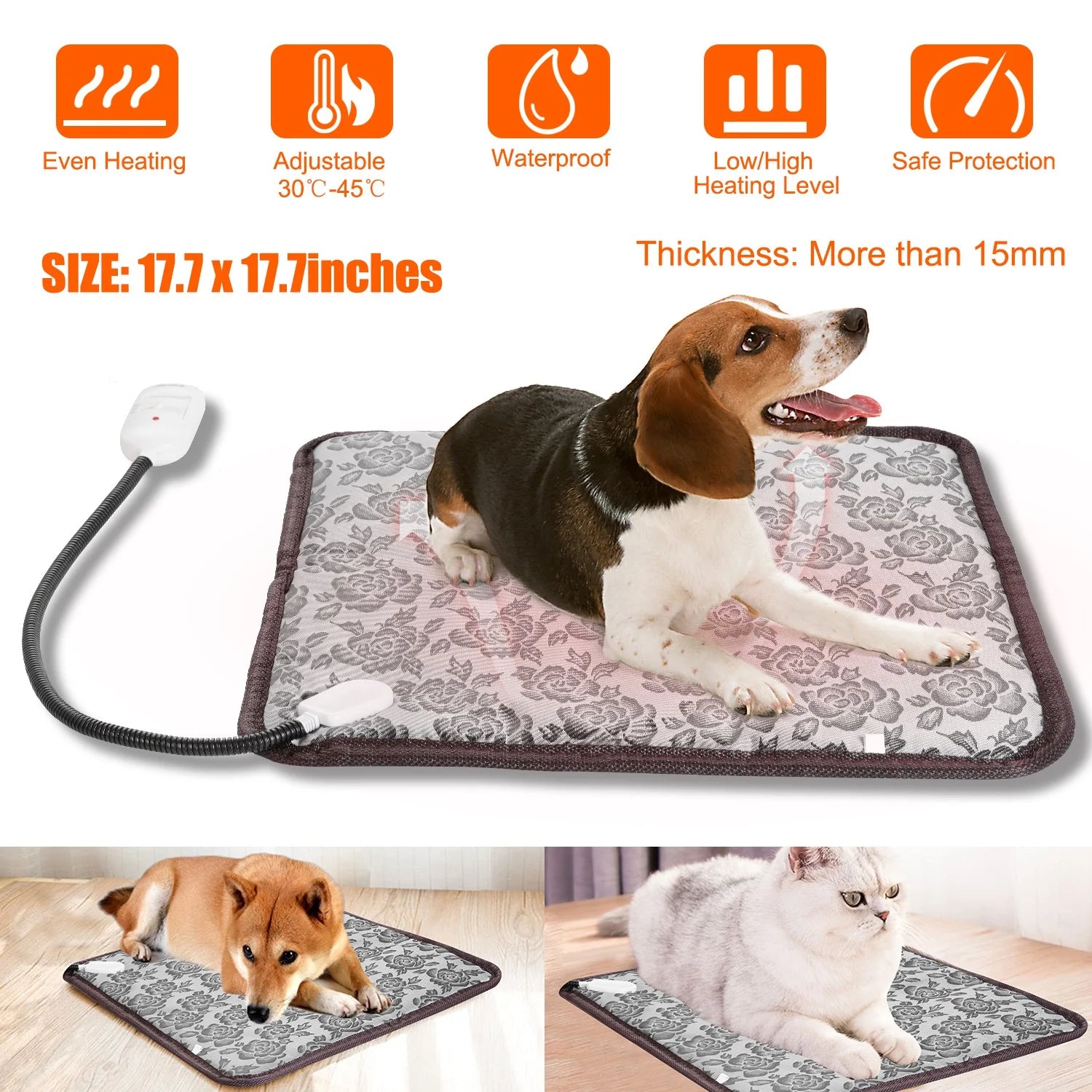 1Pc Pet Heating Pad Dog Cat Electric Heating Mat Waterproof Adjustable Warming Blanket with Chew Resistant Steel Cord Case