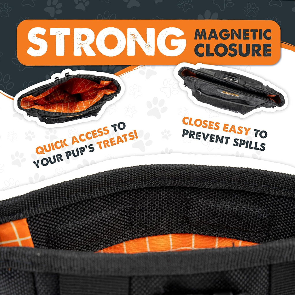 Dog Training Treat Pouch, No-Spill Magnetic Clasp, Black | Adjustable Belt Sling, Waist Pack or Fanny Pack, Hands-Free Wear, Poop Bag Holder, 4 Pockets, Made in USA
