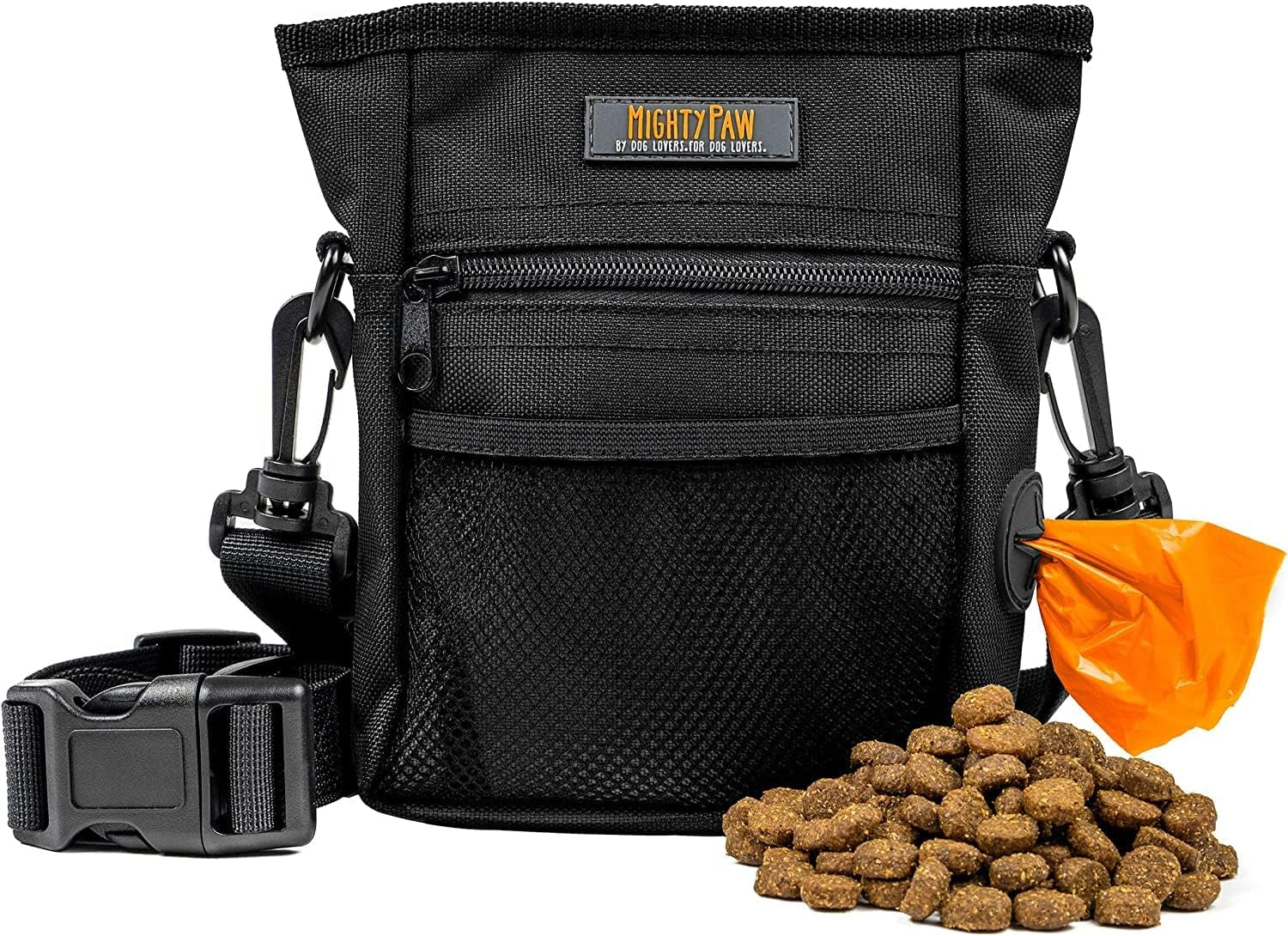 Dog Training Treat Pouch, No-Spill Magnetic Clasp, Black | Adjustable Belt Sling, Waist Pack or Fanny Pack, Hands-Free Wear, Poop Bag Holder, 4 Pockets, Made in USA